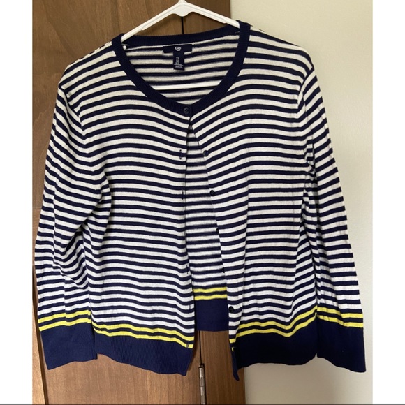 GAP Sweaters - Gap Striped Cardigan Navy Blue White Neon Accent Size L Preppy